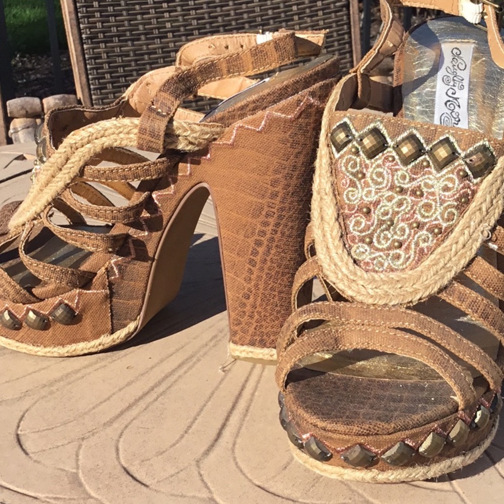 Boho Hippie Woven Strappy Studded Detail Platform Heels Naughty Monkey Sandals